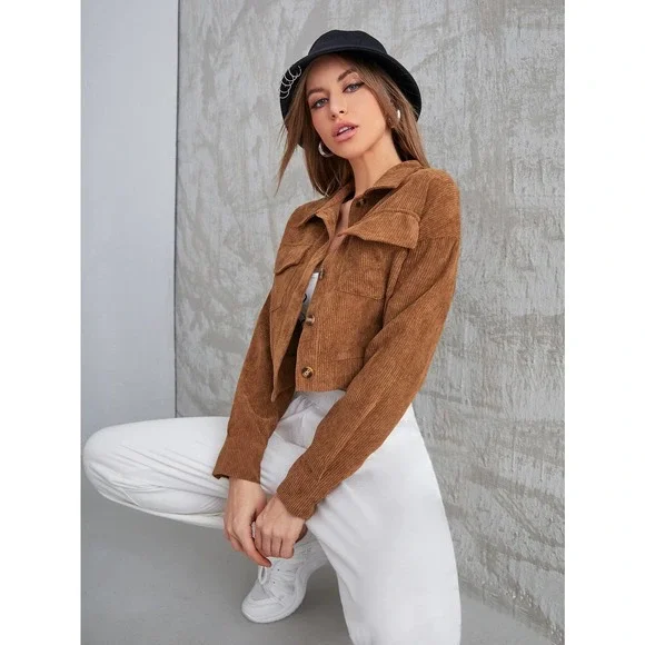 Corduroy Flap Pocket Button Up Crop Jacket trucker shacket - Picture 5 of 8